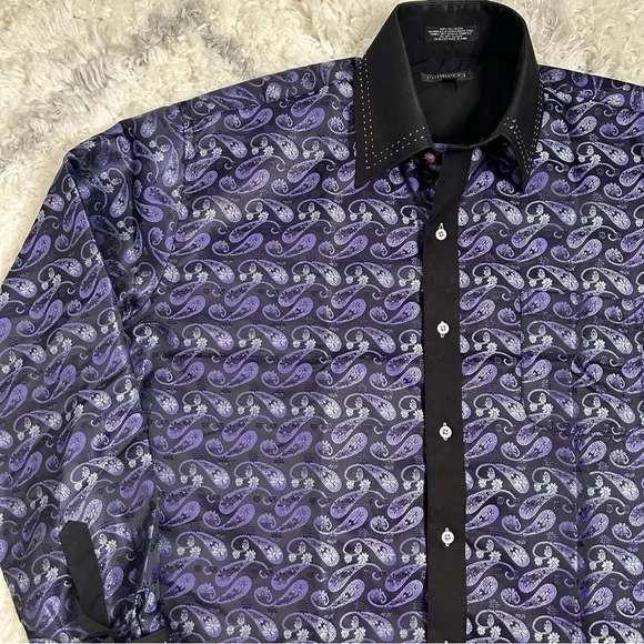 FERRECCI Men’s Satine Hi-1013 Purple & Black Flower Button Down Dress Sh… - Picture 5 of 12